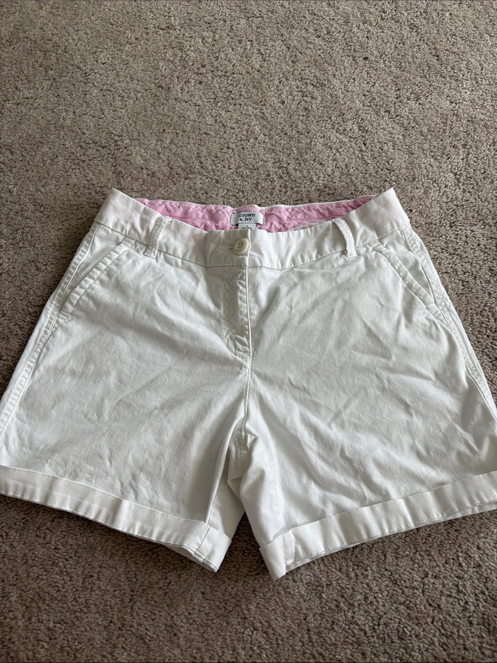 crown & ivy White Chino Shorts with Pink Waist Lining